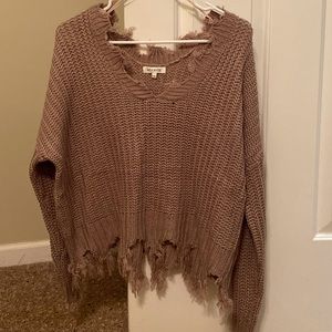 Brown distressed off the shoulder sweater